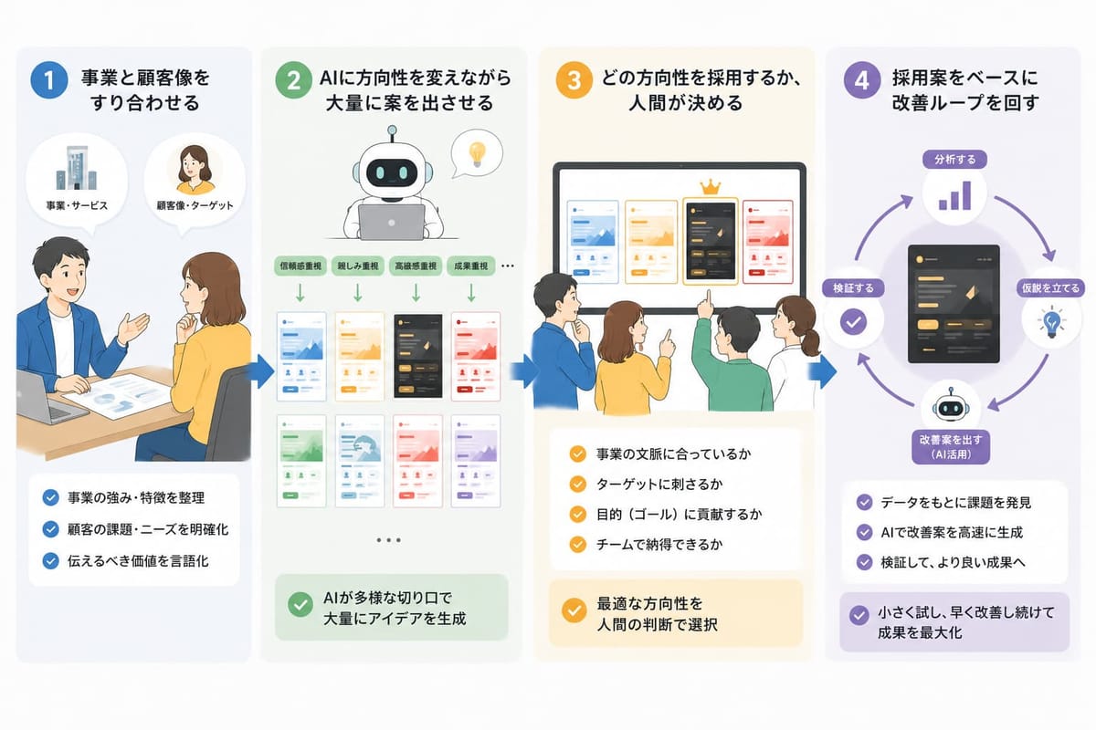 今の制作フロー。①事業と顧客像をすり合わせる ②AIに方向性を変えながら大量に案を出させる ③どの方向性を採用するか人間が決める ④採用案をベースに改善ループを回す